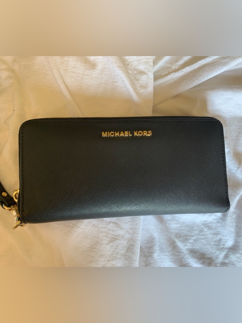 Michael Kors Black Zip Around Leather Wallet with Gold Hardware